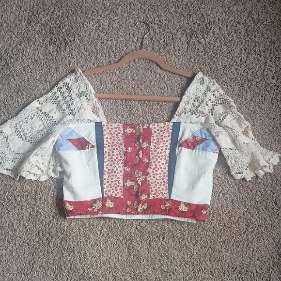 Handmade Cropped Vintage Upcycled Quilt Blouse - Picture 2 of 4